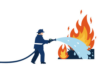 A firefighter bravely tackles a raging fire with a water hose. Dynamic action shot, showcasing courage and control. Bold colors and dramatic composition.