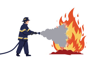 A firefighter uses a foam-based extinguisher to combat a vibrant blaze. Dynamic action shot with clear composition and impactful visual contrast.