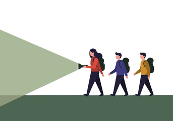 A group leads a path through darkness with a flashlight. Illustrative, modern style. Perfect for concepts of guidance, leadership, and exploration.