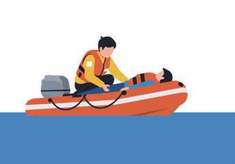 A lifeguard assists a drowning swimmer from a rescue boat.  Clear, bright illustration.  Focus on safety and rescue. Professional medical aid.