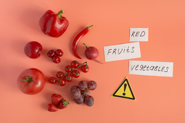 Red fruits and vegetables and inscriptions on white paper close-up view from above	
