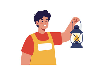 A smiling young man holds a lantern, wearing a volunteer apron.  Illustrative style, bright colors, conveying help and support. Suitable for charity or community themes.