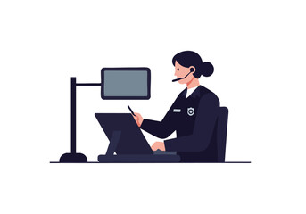 A female police officer monitors a crime scene display on a tablet, utilizing a headset. Modern, professional, and focused.  Illustrative graphic.