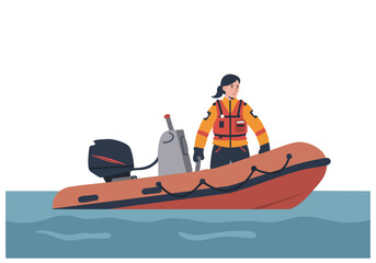 A female rescue worker in a bright orange life raft uses a motorboat to conduct a boat rescue. Professional, dynamic, and visually appealing.