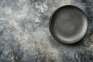 Empty dark deep plate on gray textured background as concrete  Top view, copy space