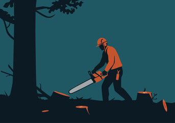 Naklejka premium A silhouetted lumberjack operates a chainsaw at night, felling a tree. Dramatic lighting and a stark composition create a powerful visual. Suitable for commercial use.