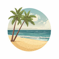 Vector Tropical sandy ocean beach with palm trees, vintage background
