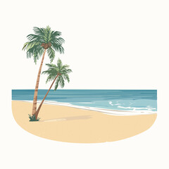 Obraz premium Vector Tropical sandy ocean beach with palm trees, vintage background