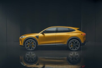 The newest sports all wheel drive gold premium crossover in black studio with reflective floor, with empty blank space for text copy space or mockup design, high detail, 8k