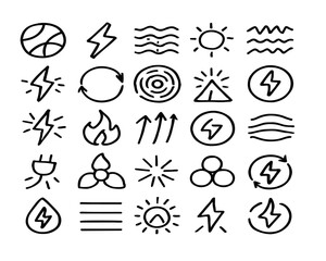 Fototapeta premium collection of energy, environmental, and technology icons in black outline style. The images depict different forms of energy and related concepts