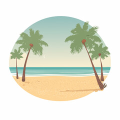 Naklejka premium Vector Tropical sandy ocean beach with palm trees, vintage background