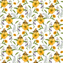 Seamless watercolor pattern. Meadow flowers and grasses, yellow buttercups, purple bluebells, bee, green leaves. All objects are hand-painted in watercolor. For printing on fabric, paper, bed linen.