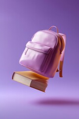 Floating pink backpack and book on purple background