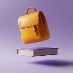 Floating yellow backpack and purple book against lavender background