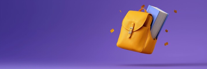 Orange backpack with book on purple background