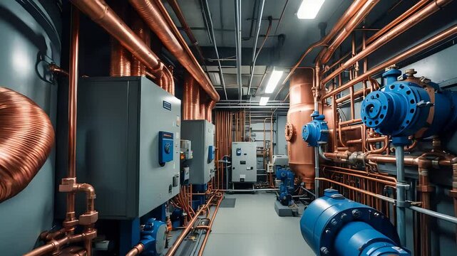 Industrial Boiler Room with Copper Piping and Blue Machinery Inside Modern Facility for Heating or Cooling Systems

