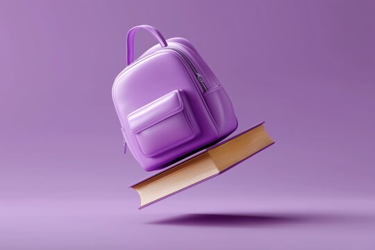 Purple backpack balancing on book against purple background