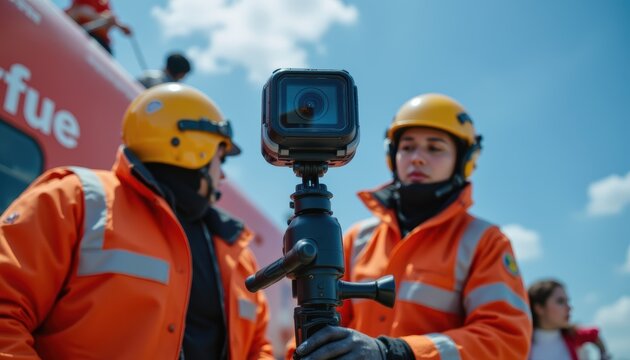 Rescue Team Members in Orange Uniforms Monitoring Operations with Equipment Under a Blue Sky