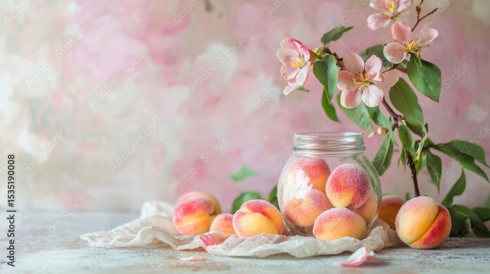 Aufkleber fresh peaches with blossoms arranged in a jar on a soft background in a tranquil setting during spri