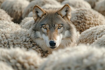 Obraz premium Wolf hiding among sheep, blending in with the flock and camouflaging itself to deceive and hunt