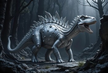  A Stegosaurus rendered in polished silver, stands guard over a petrified forest shrouded in shadows.