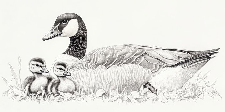 Highly Detailed Pencil Sketch of Mother Goose and Her Gosling Pair