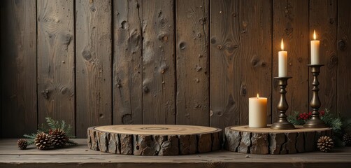  Raw and textured rough cut wood serves as a platform for antique candle holders, creating a vintage and atmospheric Christmas