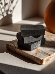 Minimalist Charcoal Soap Bars on White Marble Surface in Natural Light