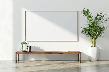 High Detail Visual of a White Wall with a Laptop and a Potted Plant on a Wooden Table