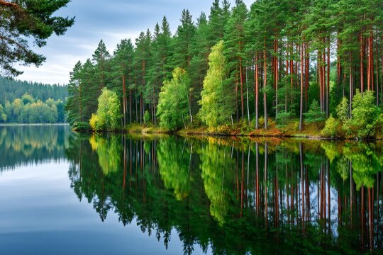Pine forest reflecting in calm lake on cloudy day