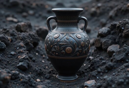  Shadows of Etruria A Close up of a Bucchero Vase, Deep Blacks and Grays, Excavated from Volcanic Earth, Detailed Archaeological
