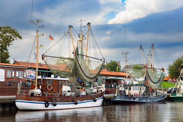 Shrimp cutters in the harbour in Greetsiel, East Frisia, Germany.