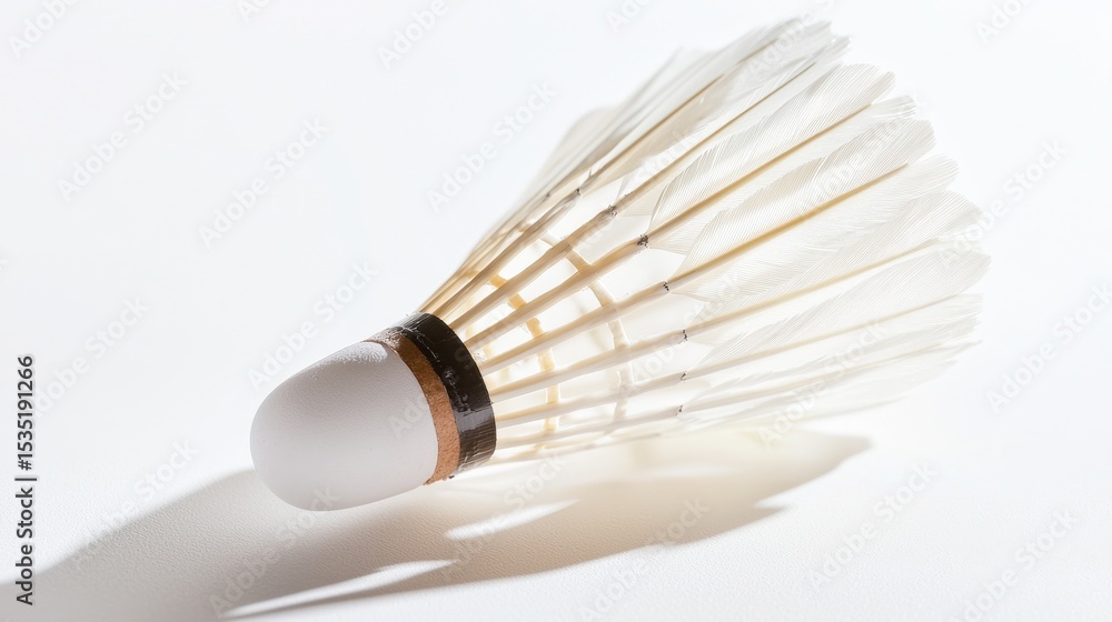 Poster shuttlecock resting on a smooth surface with soft lighting, emphasizing its feathers and craftsmansh
