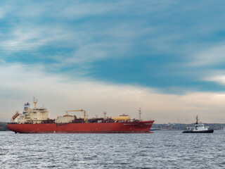 Cargo ship on the Kieler Foerde before entering the Kiel canal in Schleswig-Holstein, Germany.