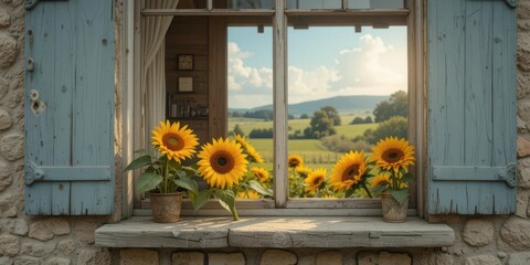 Cottage Charm Sunflowers Cute sunflowers growing in a cottage window, illustrating the beauty of flowers, peace and nature.