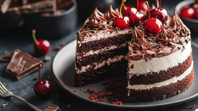 Chocolate cherry cake slice on a plate.