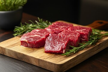 Raw beef steaks seasoned with rosemary ready for grilling on wooden cutting board