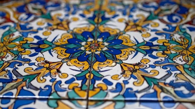 Detailed view of a beautiful ornate ceramic tile pattern with blue and yellow floral design, a mediterranean style surface.