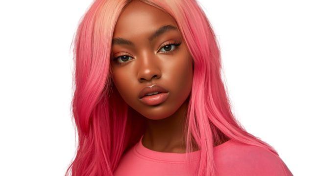 Portrait of Gen Z influencer with bold fashion and colored hair, confident gaze, studio shot, cropped to torso, no hands, PNG 