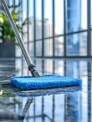 Blue mop and bucket on floor cleaning supplies housework maintenance hygiene, domestic chore, commercial cleaning, janitorial