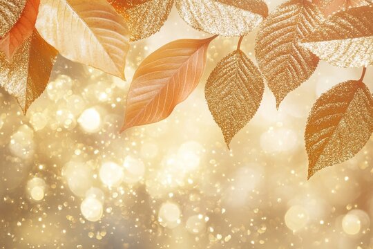 Golden autumn leaves sparkling with glitter on festive light bokeh background for seasonal holiday design