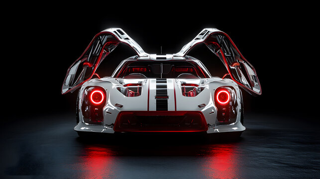 Futuristic sports car with illuminated headlights and open gull-wing doors on a dark background