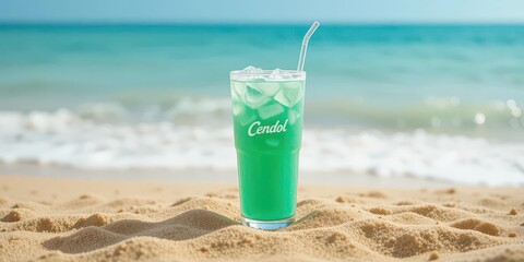  Tall Glass of Cendol on Beach Sand with Turquoise Water Backdrop