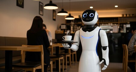 Friendly robot serving coffee to a customer in a modern cafe