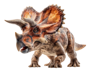 Detailed and realistic depiction of prehistoric dinosaur, showcasing its distinctive features such as large frill, three prominent horns, and textured skin. This vibrant creature stands