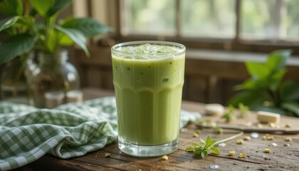  Country Kitchen Matcha Iced Latte on Wood, Farmhouse Style, Gingham Cloth, A Moment of Simple Pleasure