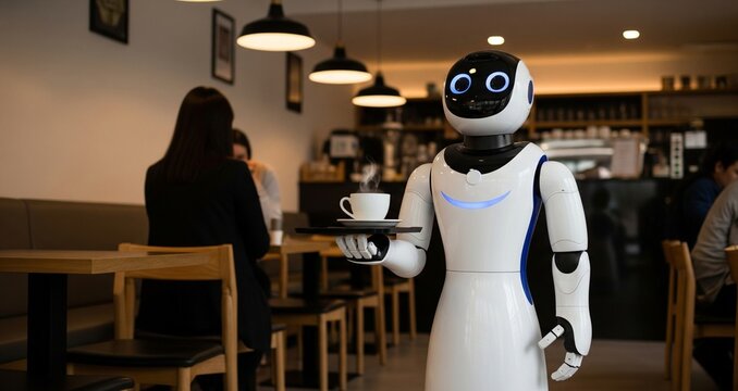 Friendly robot serving coffee to a customer in a modern cafe - Powered by Adobe