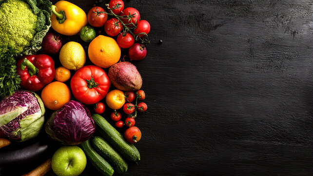 Fresh produce colorful fruits vegetables dark background for Sustainable Gastronomy Day