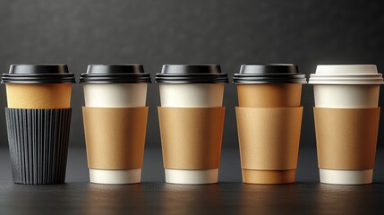 Five takeaway coffee cups in a row