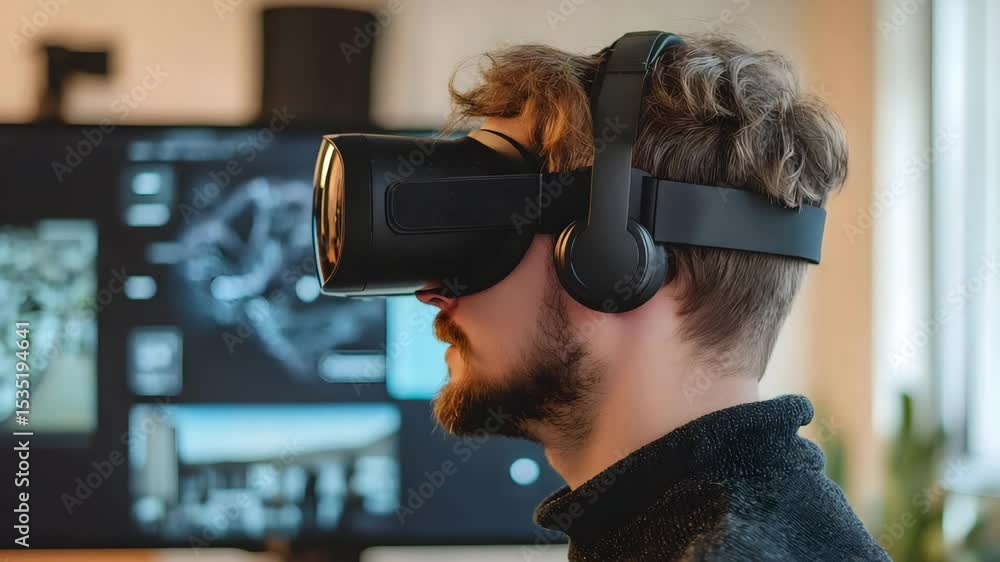 Poster young man wearing virtual reality headset and headphones exploring digital technology and computer c